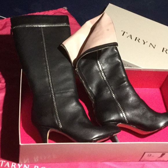 Taryn Rose Black Tall Leather Boots Pink Lining Silver Chain New